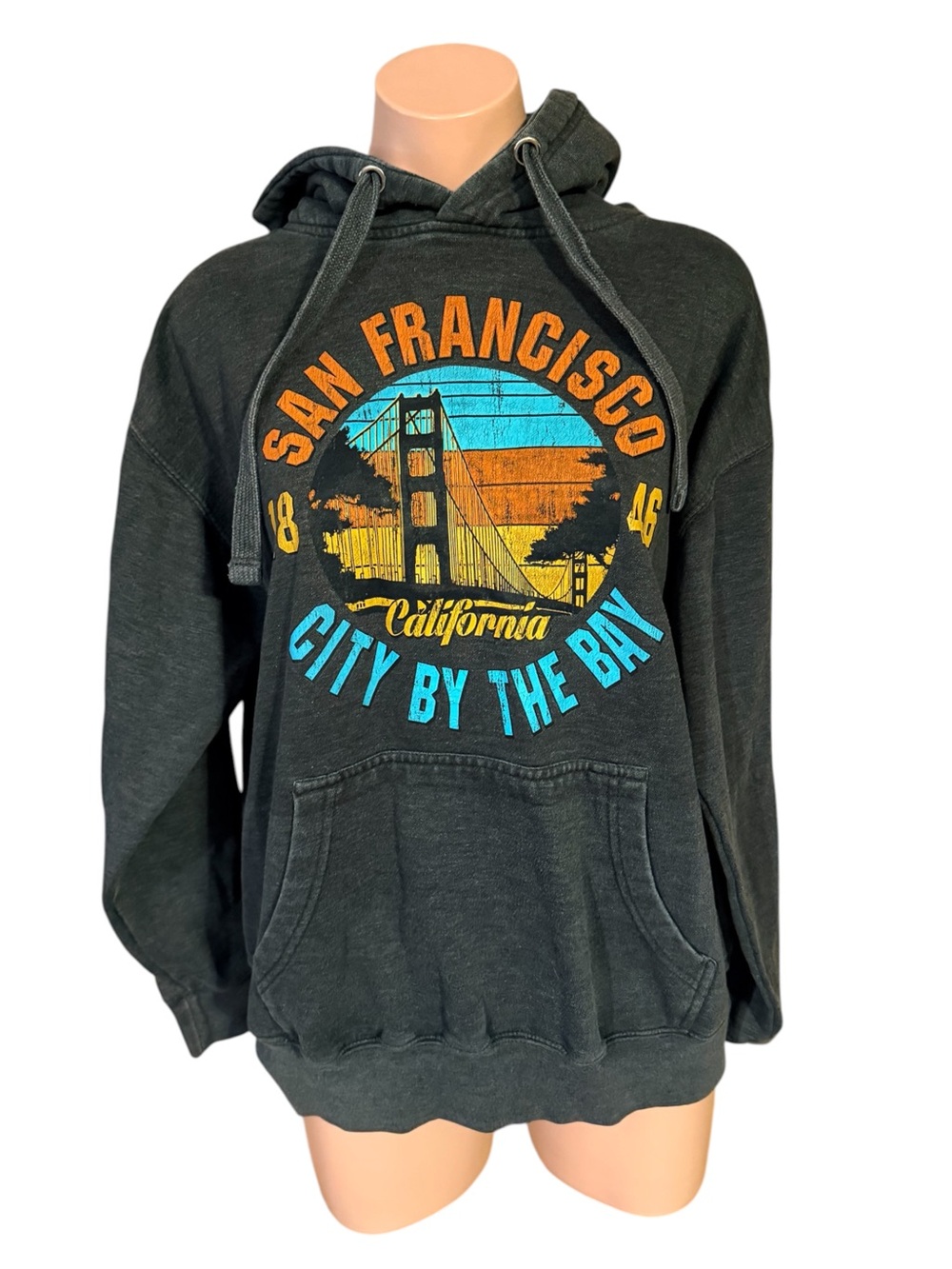 San Francisco Womens Large Graphic Distressed Charcoal Gray Pullover Hoodie